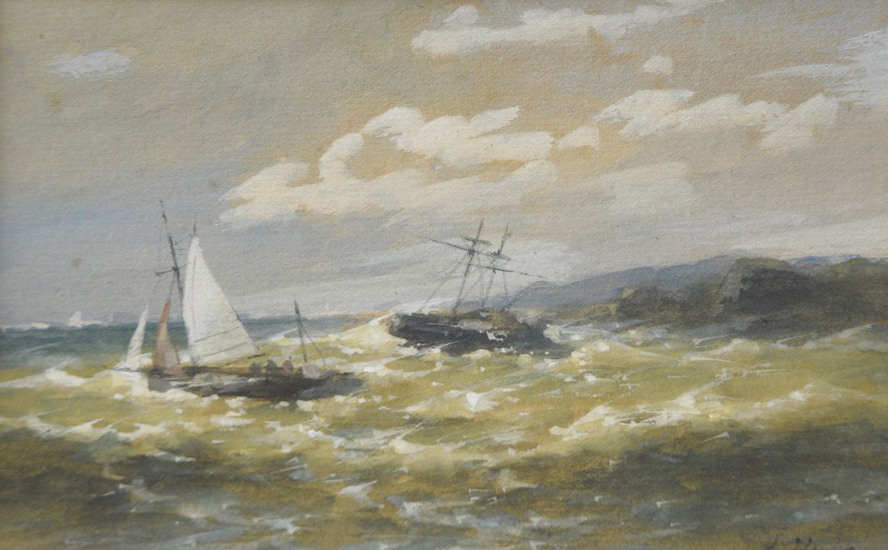 Hulk A.  | Abraham Hulk, Ships in a storm near a rocky coast, watercolour and gouache on cardboard 9.5 x 15.0 cm, signed l.r.