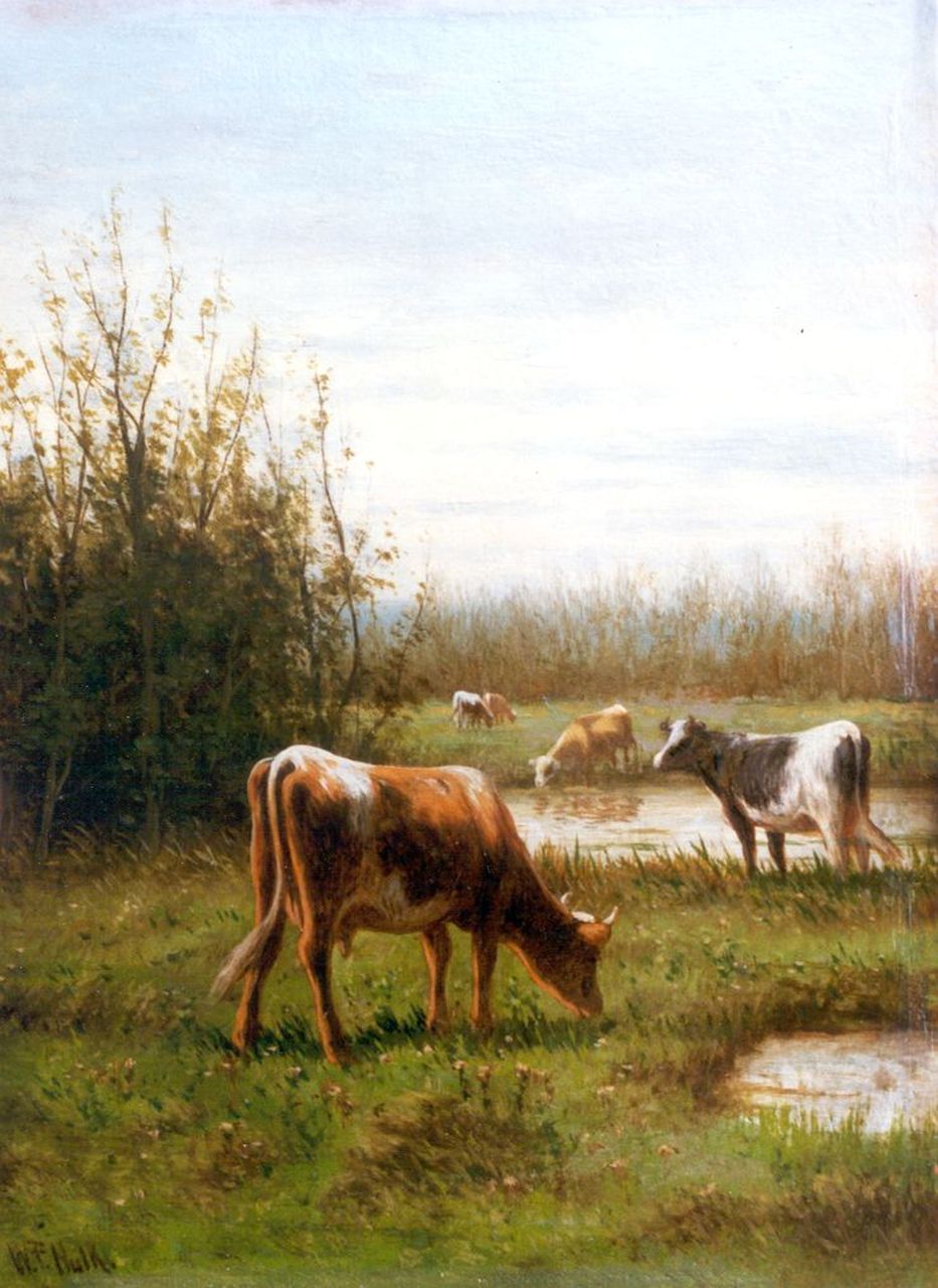 Hulk W.F.  | Willem Frederik Hulk, Cows in a meadow, oil on panel 20.2 x 15.2 cm, signed l.l.