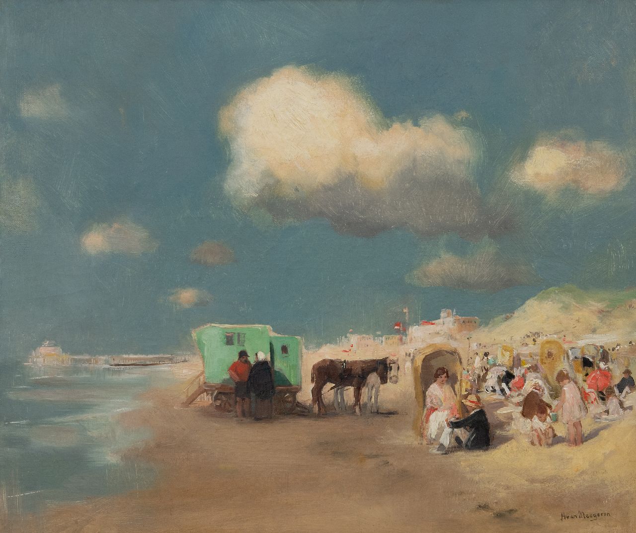 Meegeren H.A. van | Henricus Antonius 'Han' van Meegeren | Paintings offered for sale | A sunny day on the beach of Scheveningen, oil on canvas 50.0 x 60.0 cm, signed l.r. and zonder lijst