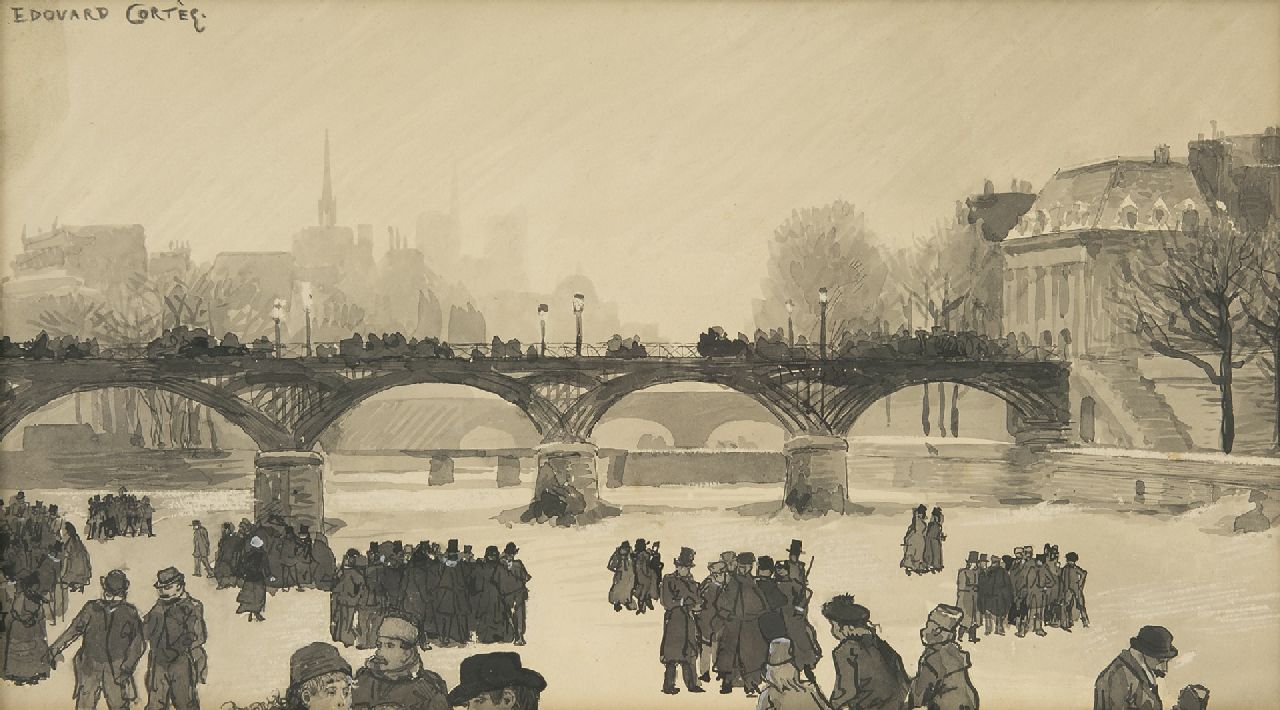 Cortes E.  | Edouard Cortes | Watercolours and drawings offered for sale | Skaters on the Seine, Paris, ink on paper 17.1 x 30.8 cm, signed u.l.