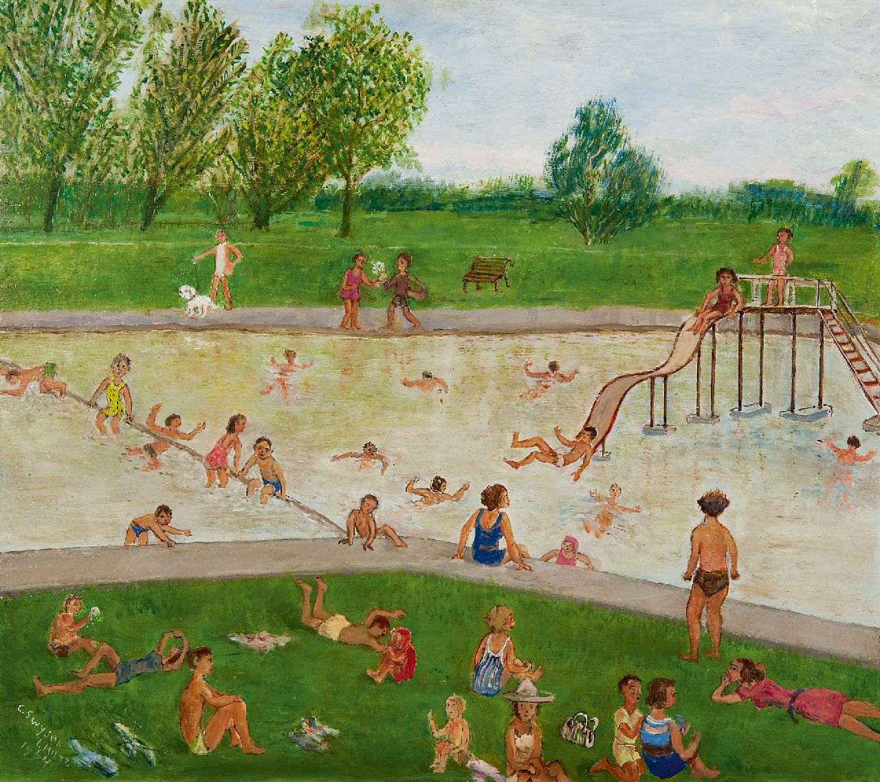 Swijser-'t Hart C.C.M.  | Catharina 'Christina' Maria Swijser-'t Hart, Swimming pool in summer, oil on board 48.8 x 54.4 cm, signed l.l. and dated 1964