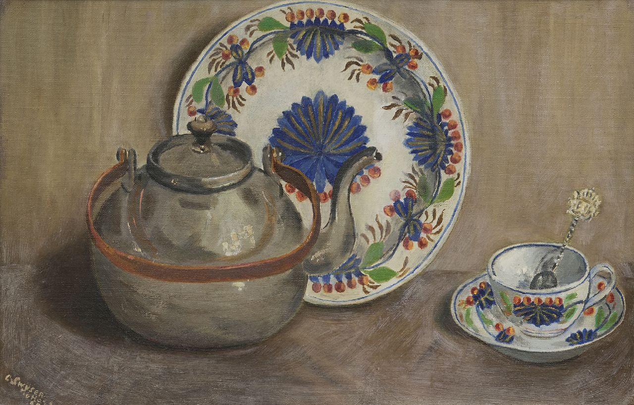 Swijser-'t Hart C.C.M.  | Catharina 'Christina' Maria Swijser-'t Hart | Paintings offered for sale | A still life with a kettle, oil on canvas laid down on panel 32.5 x 49.1 cm, signed l.l. and dated 1952