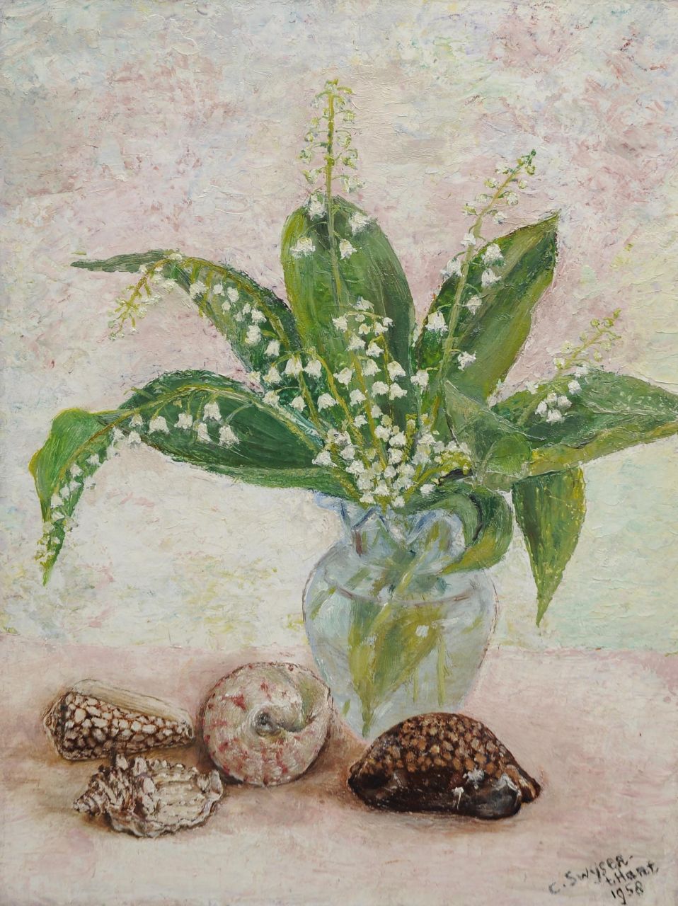 Swijser-'t Hart C.C.M.  | Catharina 'Christina' Maria Swijser-'t Hart | Paintings offered for sale | Still life with lilies of the valley, oil on board 37.5 cm, signed l.r. and dated 1958