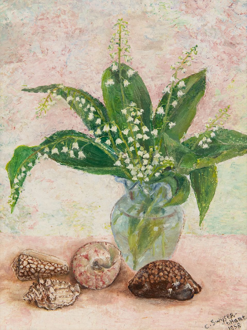 Swijser-'t Hart C.C.M.  | Catharina 'Christina' Maria Swijser-'t Hart | Paintings offered for sale | Still life with lilies of the valley, oil on board 37.5 cm, signed l.r. and dated 1958