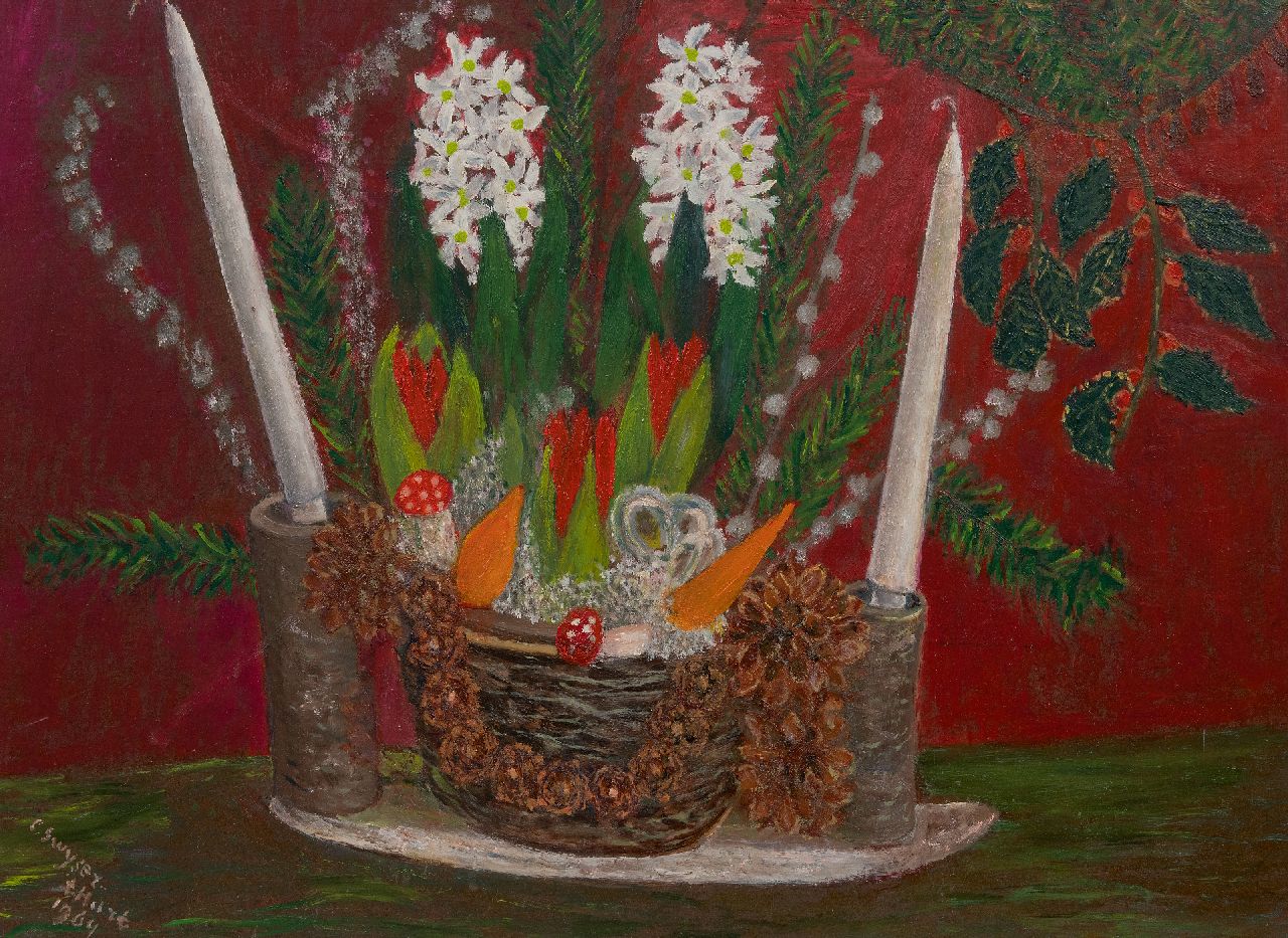 Swijser-'t Hart C.C.M.  | Catharina 'Christina' Maria Swijser-'t Hart | Paintings offered for sale | Christmas still life, oil on canvas 37.2 x 50.0 cm, signed l.l. and dated 1964