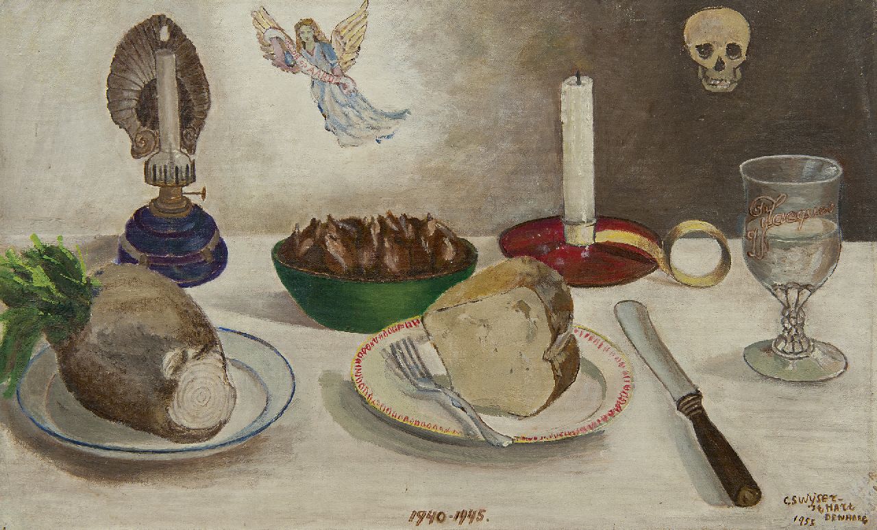 Swijser-'t Hart C.C.M.  | Catharina 'Christina' Maria Swijser-'t Hart | Paintings offered for sale | Dinner table 1940-1945, oil on canvas laid down on panel 34.7 x 55.9 cm, signed l.r. and dated 'Den Haag' 1955