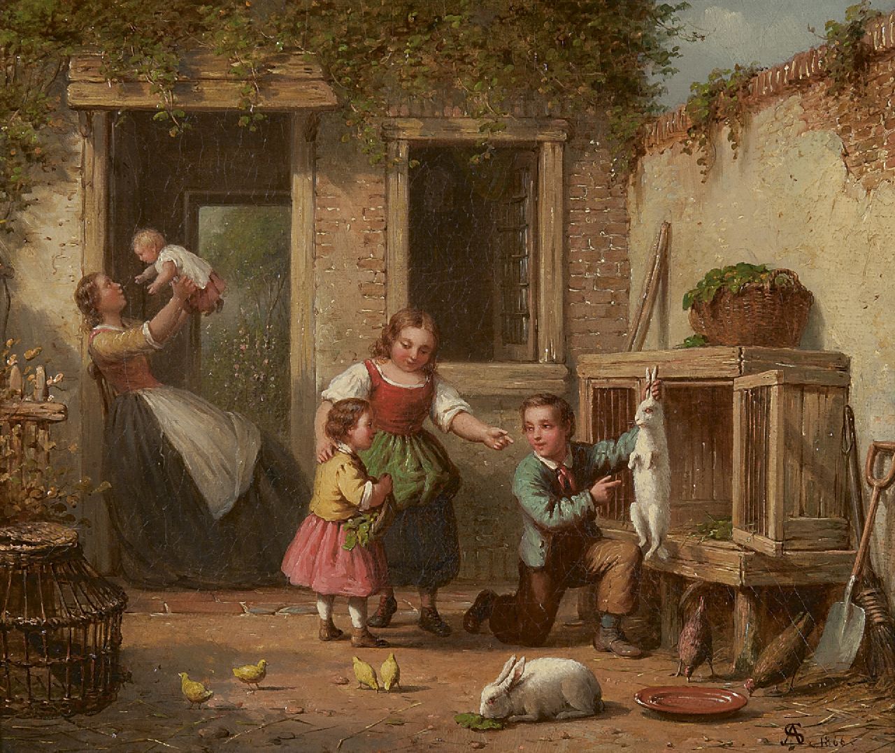 Scheerboom A.  | Andries Scheerboom | Paintings offered for sale | Playing with the rabbit, oil on canvas 25.8 x 30.8 cm, signed l.r. with monogram and dated 1866