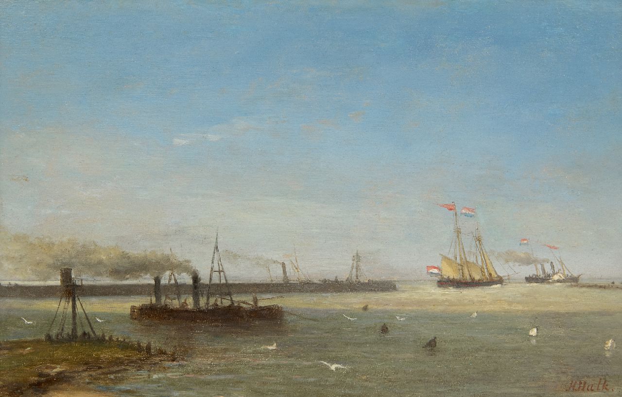 Hendrik Hulk | A jetty with sailing ship and steamer, oil on panel, 17.3 x 26.8 cm, signed l.r.