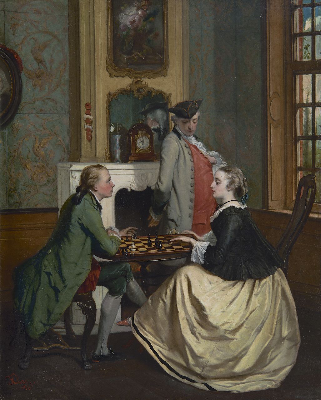 Claes J.F.F.  | Jean Frans 'Floris' Claes, Playing chess, oil on panel 43.6 x 35.1 cm, signed l.l. and dated '56