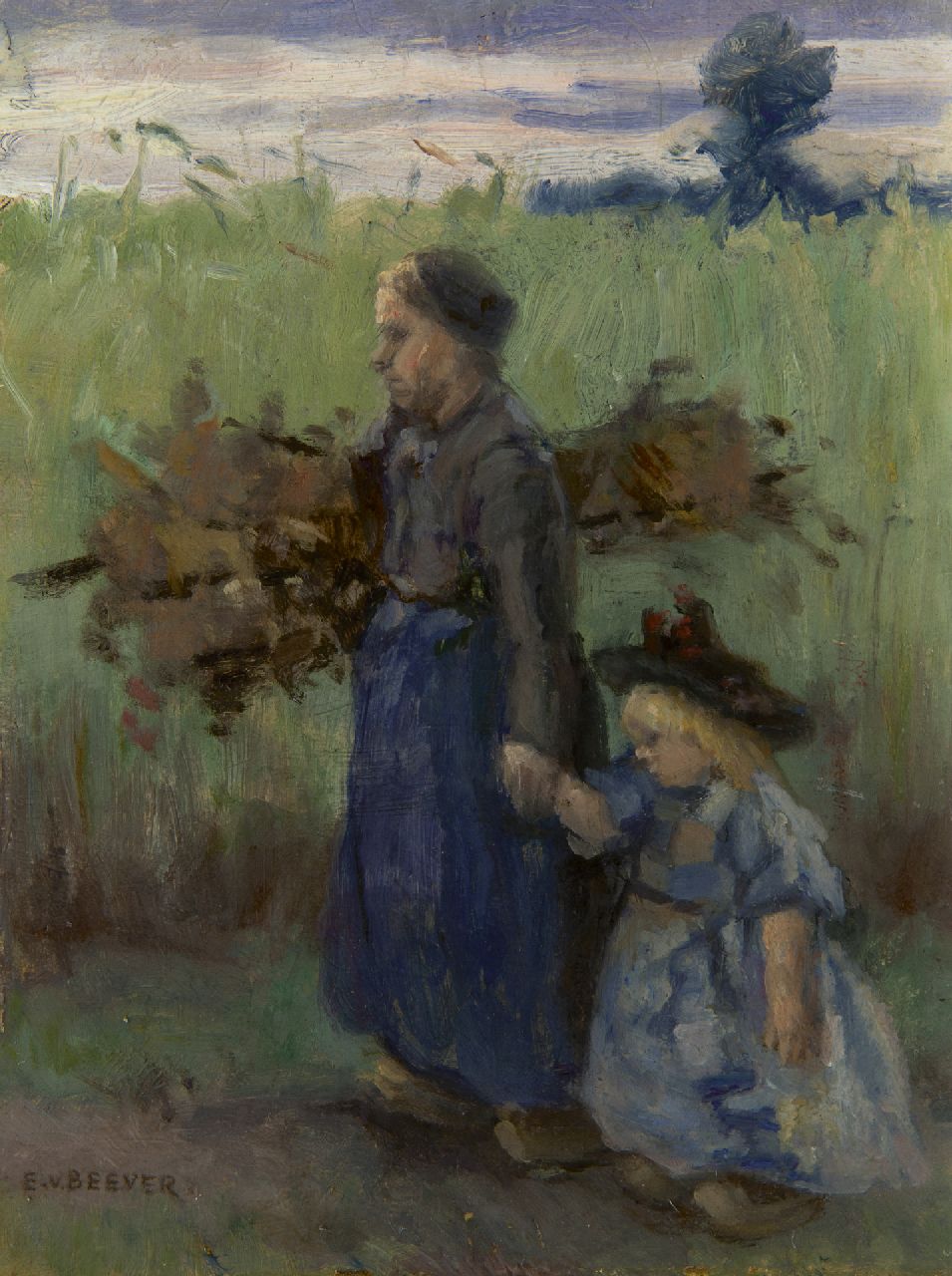 Beever E.S. van | 'Emanuël' Samson van Beever, Going home through the fields, oil on panel 17.9 x 13.7 cm, signed l.l.