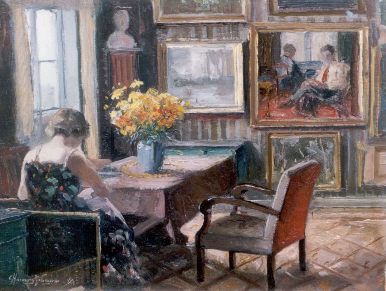 Hornung Jensen C.C.  | Carlo Christoffer Hornung Jensen, A seamstress, oil on panel 24.3 x 33.0 cm, signed l.l. and dated '39