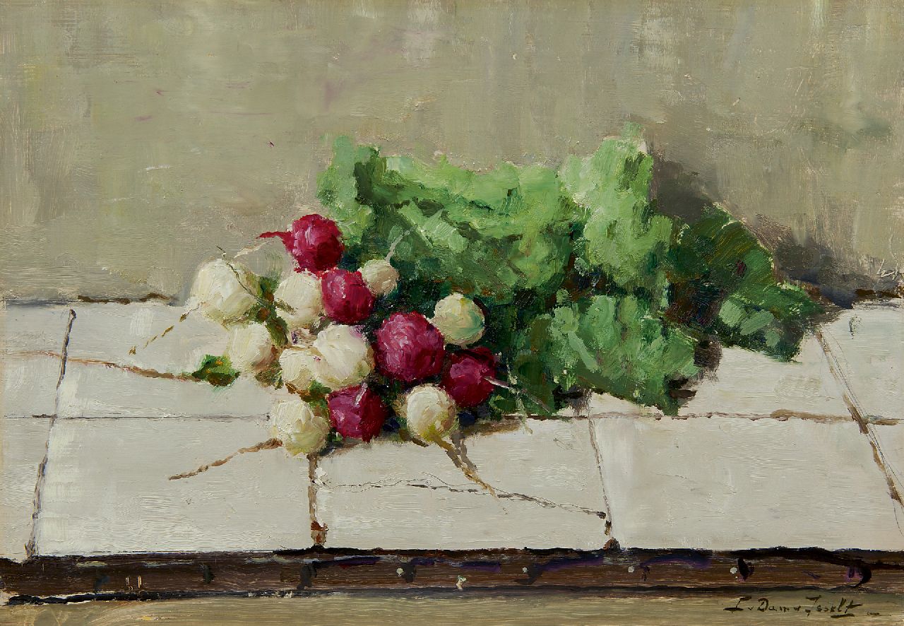 Dam van Isselt L. van | Lucie van Dam van Isselt, Radish  Voorbeeldgebruik van '':automatisch vertaald door GoogleNederlandsEngelsArabischAlpha  Bunch radishes on tiles, oil on panel 31.7 x 46.1 cm, signed l.r.