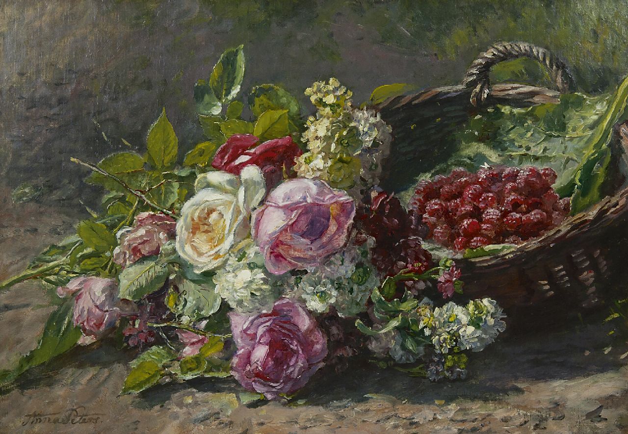 Peters A.  | Anna Peters, A still life with roses and raspberries, oil on canvas 42.8 x 60.1 cm, signed l.l. and painted ca. 1880