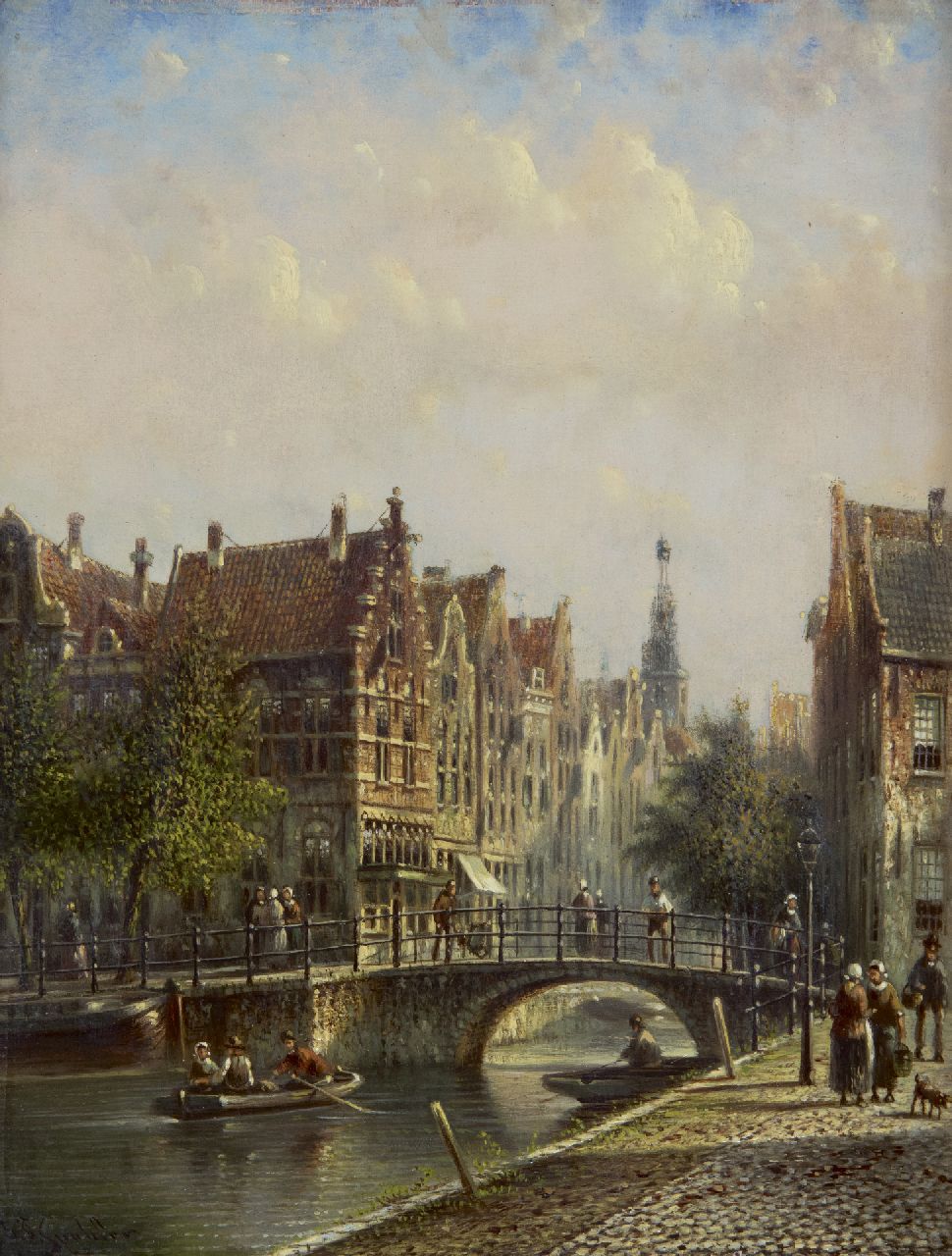 Spohler J.F.  | Johannes Franciscus Spohler, A Dutch canal with the Amsterdam Westertoren, oil on panel 20.4 x 16.0 cm, signed l.l.