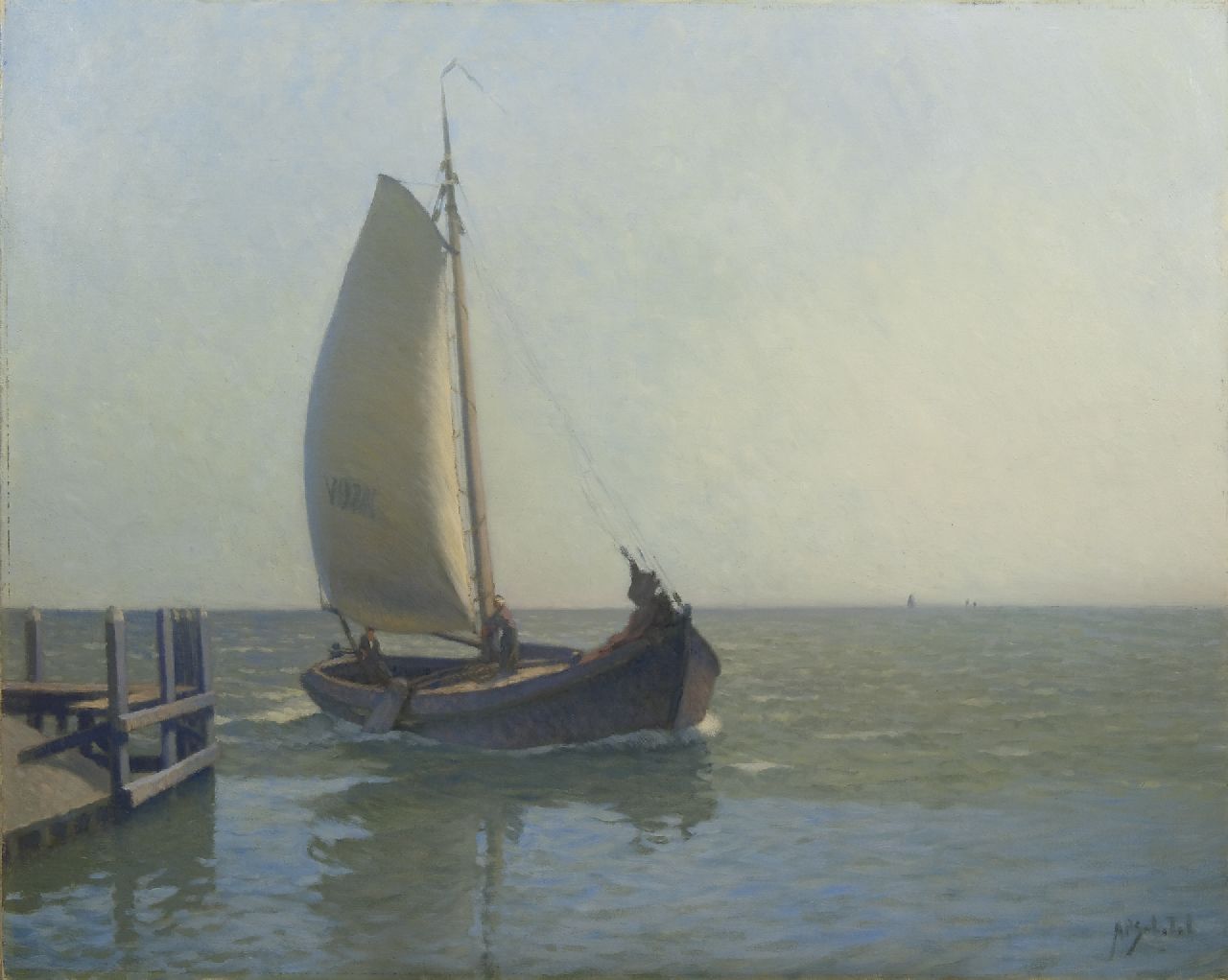 Schotel A.P.  | Anthonie Pieter Schotel, A fishing boat in front of the harbour of Volendam, oil on canvas 80.4 x 100.3 cm, signed l.r.