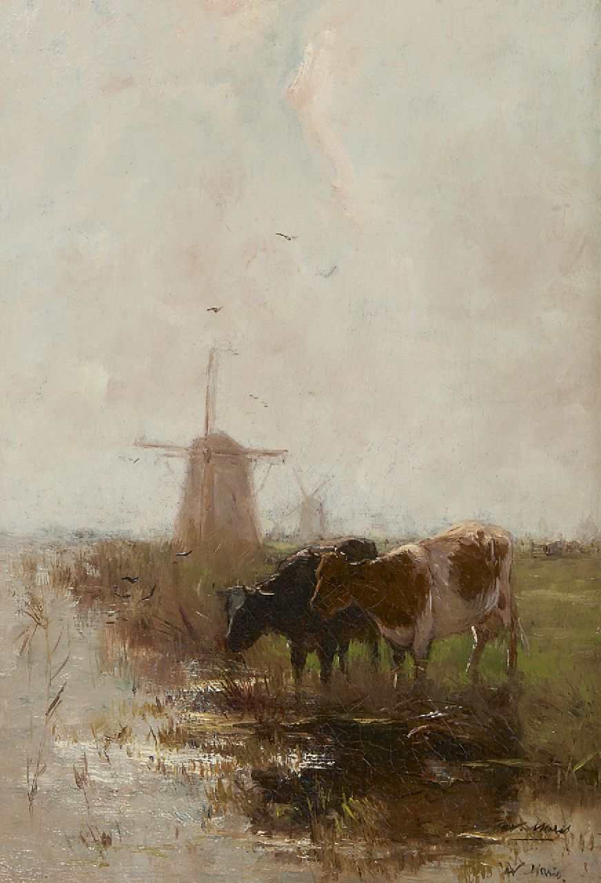Maris W.  | Willem Maris, Cows by the water, oil on canvas 37.2 x 25.7 cm, signed l.r. (double)