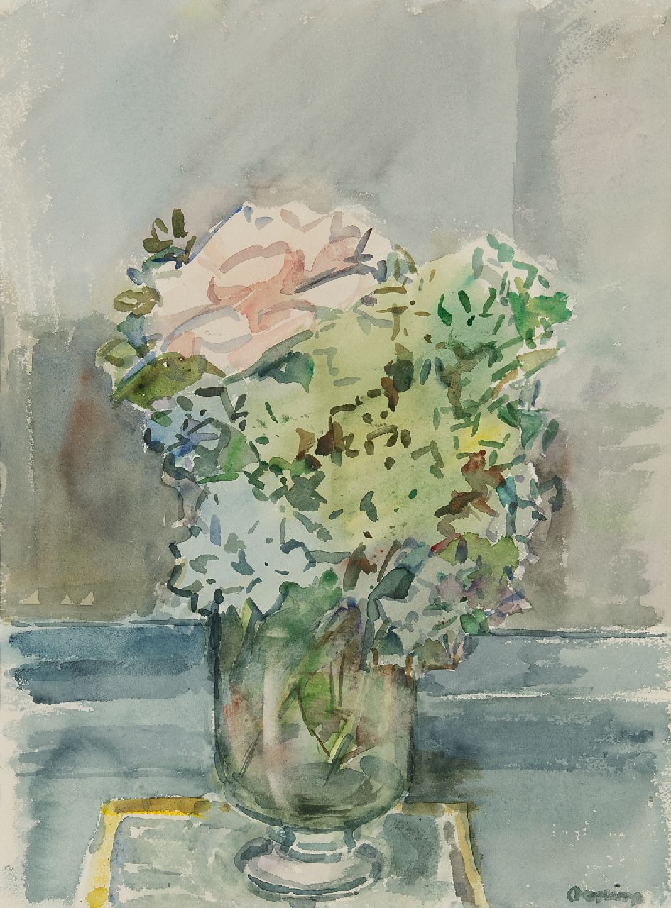 Bieruma Oosting A.J.W.  | Adriana Johanna Wilhelmina 'Jeanne' Bieruma Oosting, Hydrangeas and a climbing rose in a vase, watercolour on paper 49.3 x 36.0 cm, signed l.r.