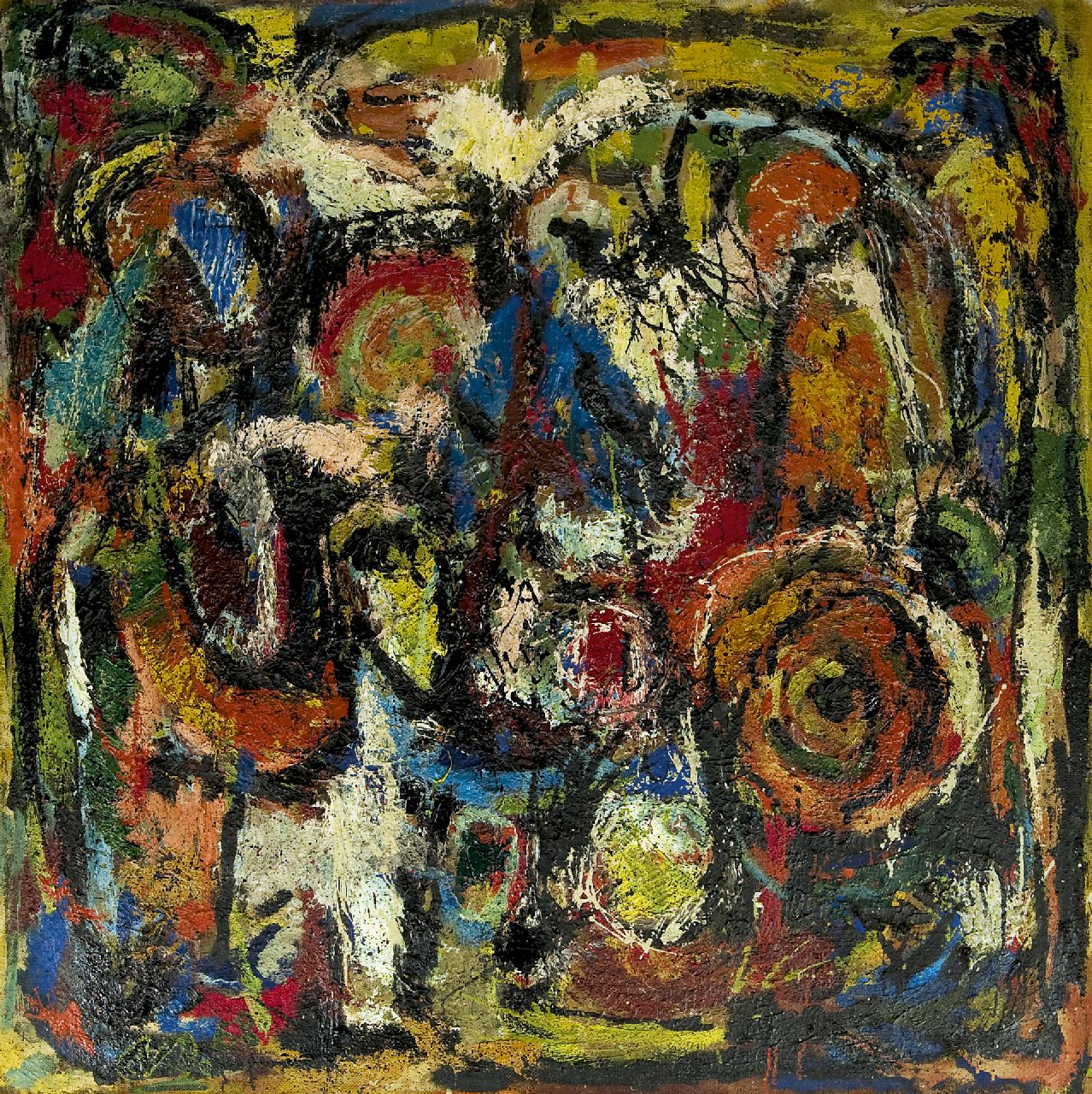 Snijders A.C.  | Adrianus Cornelis 'Ad' Snijders, Abstract composition, oil on board 122.5 x 122.0 cm, signed l.l. with initials, in full and with init. on the and dated '58