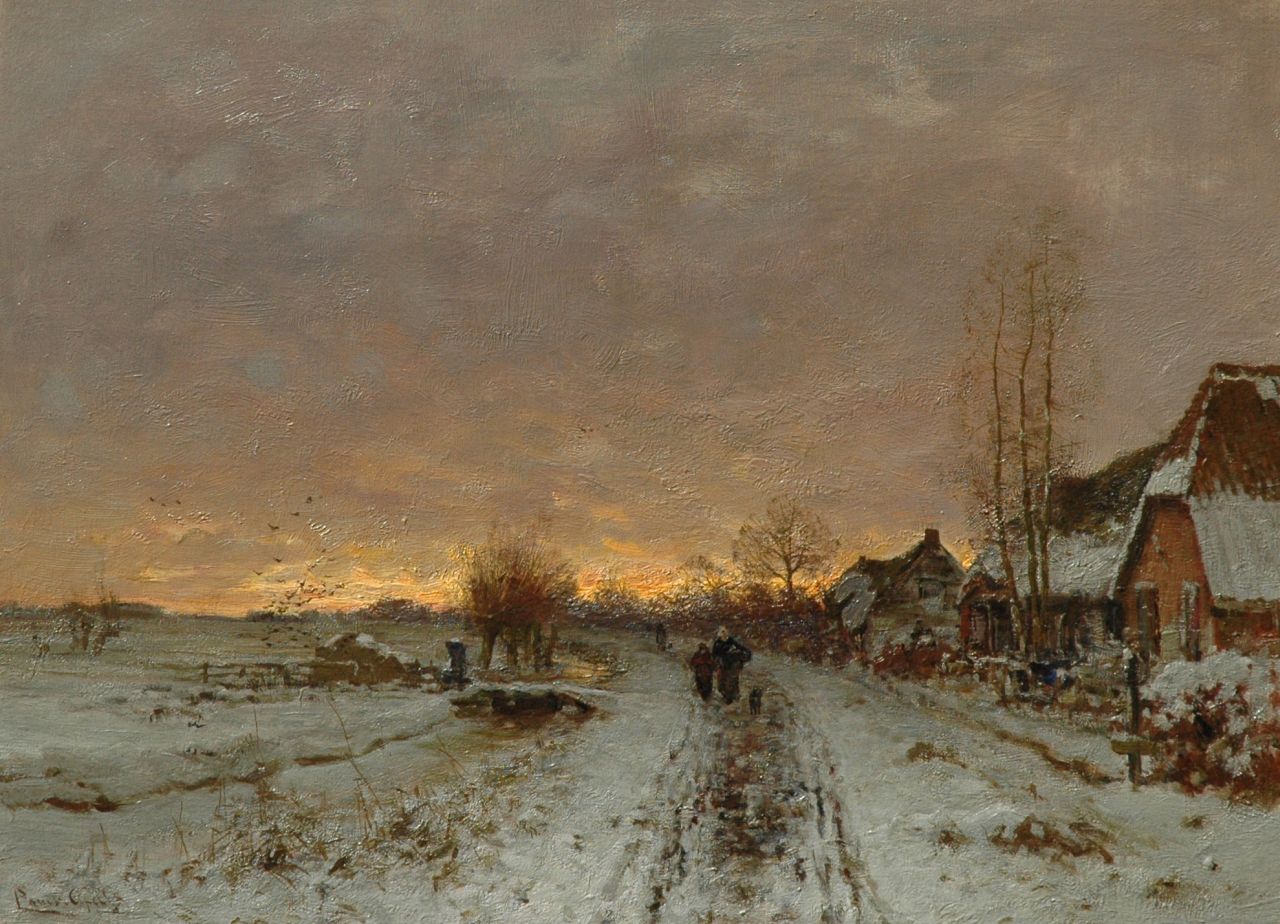 Apol L.F.H.  | Lodewijk Franciscus Hendrik 'Louis' Apol, Snowy village path at sunset, oil on canvas 49.2 x 66.8 cm, signed l.l.