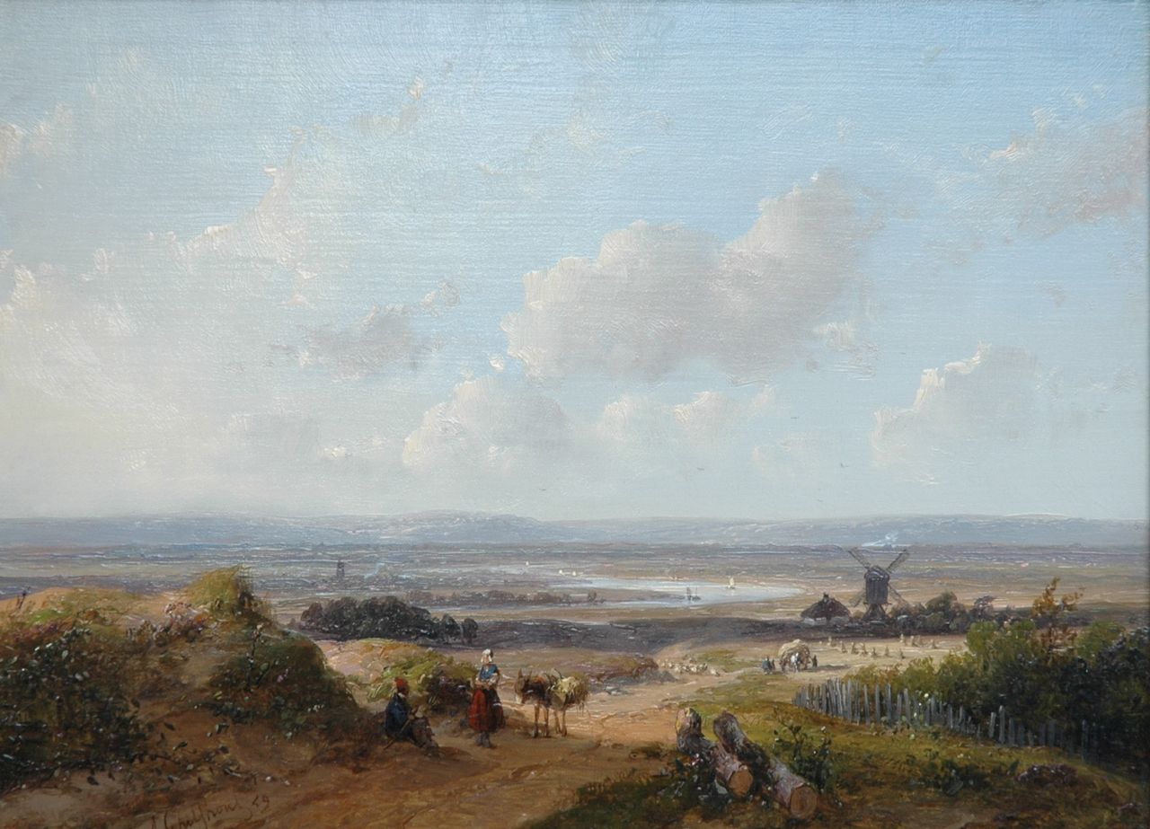 Schelfhout A.  | Andreas Schelfhout, A panoramic river landscape, oil on panel 21.6 x 29.2 cm, signed l.l. and dated '59