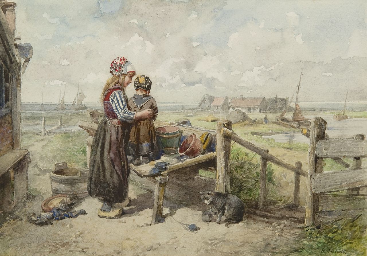 Kate J.M.H. ten | Johan 'Mari' Henri ten Kate, Sister en brother near their cottage, Marken, watercolour on paper 25.0 x 35.5 cm, signed l.r.