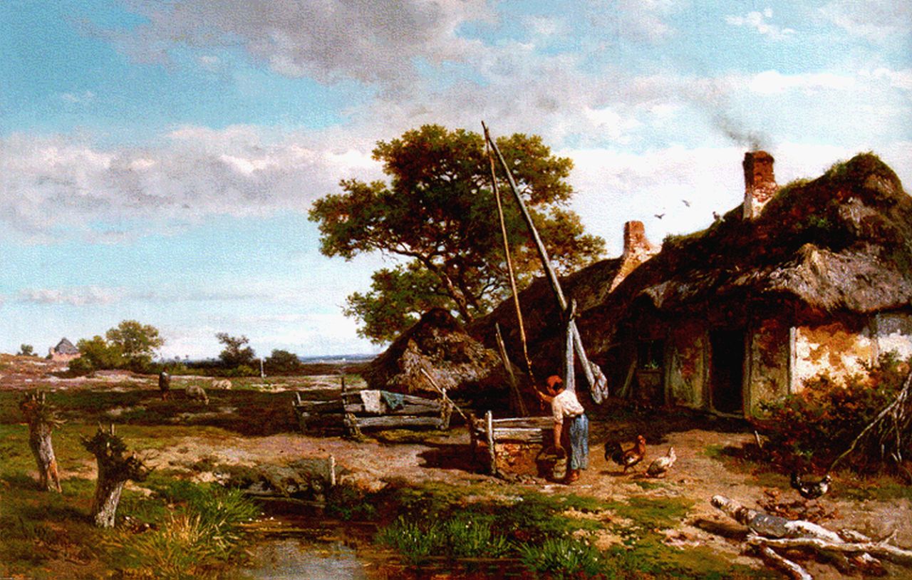 Roelofs W.  | Willem Roelofs, A yard with a well, oil on canvas laid down on panel 42.5 x 66.0 cm, signed l.l. and dated 1855