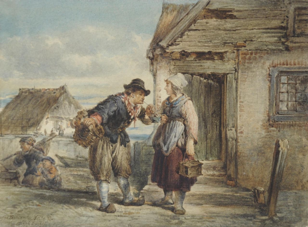 Kate H.F.C. ten | 'Herman' Frederik Carel ten Kate, Fisherman's couple on the island Marken, watercolour on paper 14.0 x 19.0 cm, signed l.l. and dated 1867
