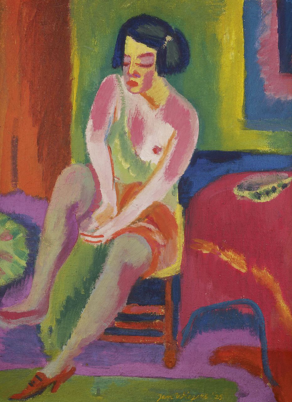 Wiegers J.  | Jan Wiegers, Seated nude, wax paint on canvas 70.4 x 55.4 cm, signed l.m. and dated '25