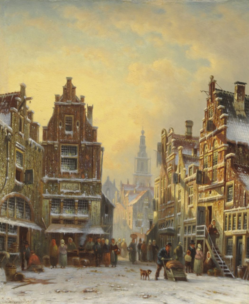 Spohler J.F.  | Johannes Franciscus Spohler, A snowy town view with the Amsterdam Zuiderkerk tower, oil on panel 26.2 x 21.5 cm, signed l.l.