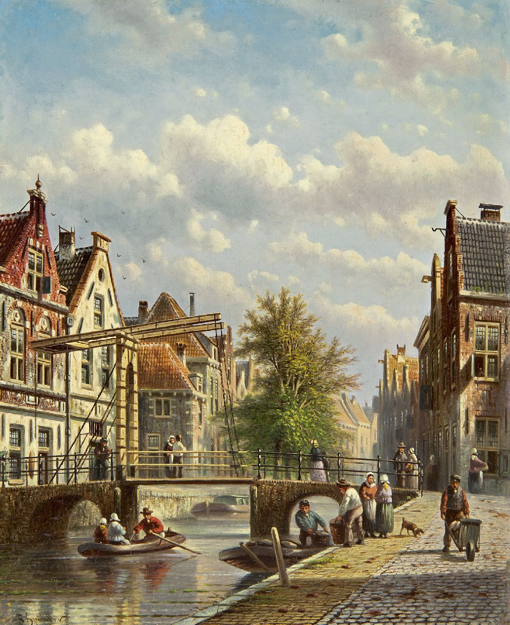 Spohler J.F.  | Johannes Franciscus Spohler, Figures alongside a Dutch canal, oil on panel 26.3 x 21.3 cm, signed l.l.