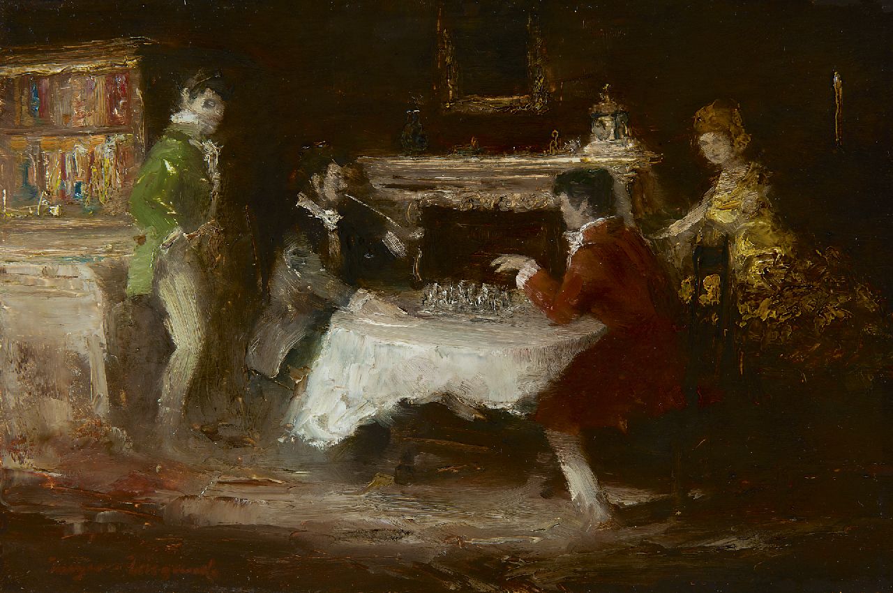 Meyer-Wiegand R.D.  | Rolf Dieter Meyer-Wiegand | Paintings offered for sale | The chess game, oil on panel 20.2 x 30.2 cm, signed l.l.