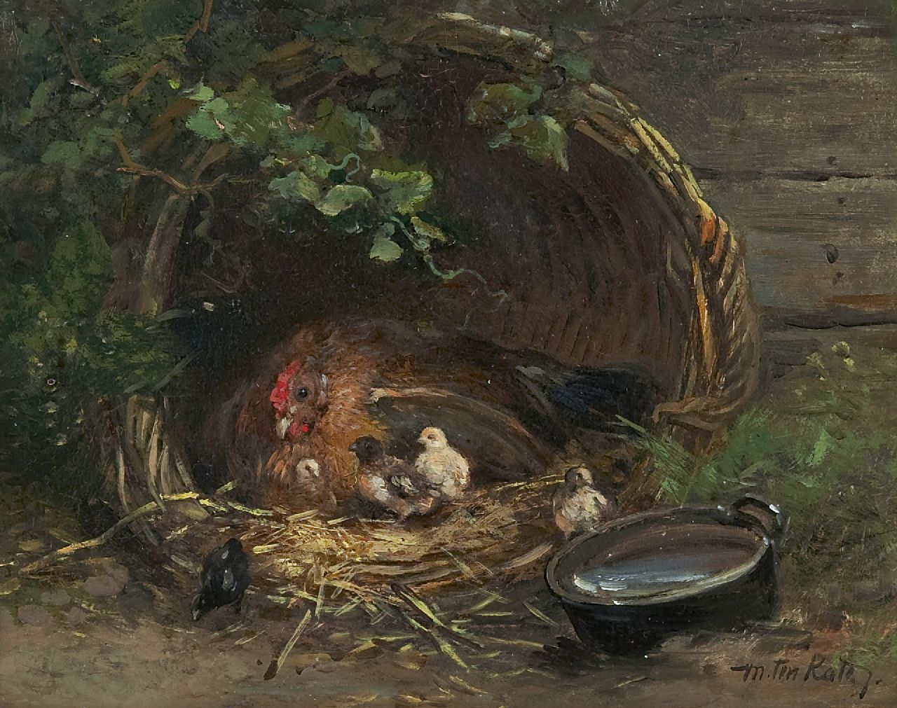 Kate J.M.H. ten | Johan 'Mari' Henri ten Kate, A hen and chicks in the farmyard, oil on panel 15.5 x 19.7 cm, signed l.r.