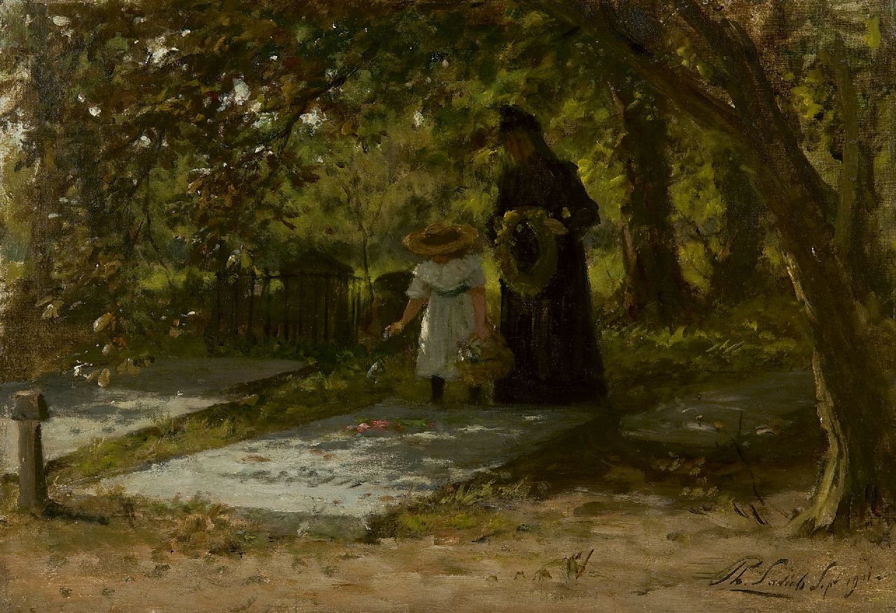 Sadée P.L.J.F.  | Philip Lodewijk Jacob Frederik Sadée, Visit to the graveyard, oil on canvas laid down on panel 34.7 x 50.0 cm, signed l.r. and dated 6 Sept. 1901