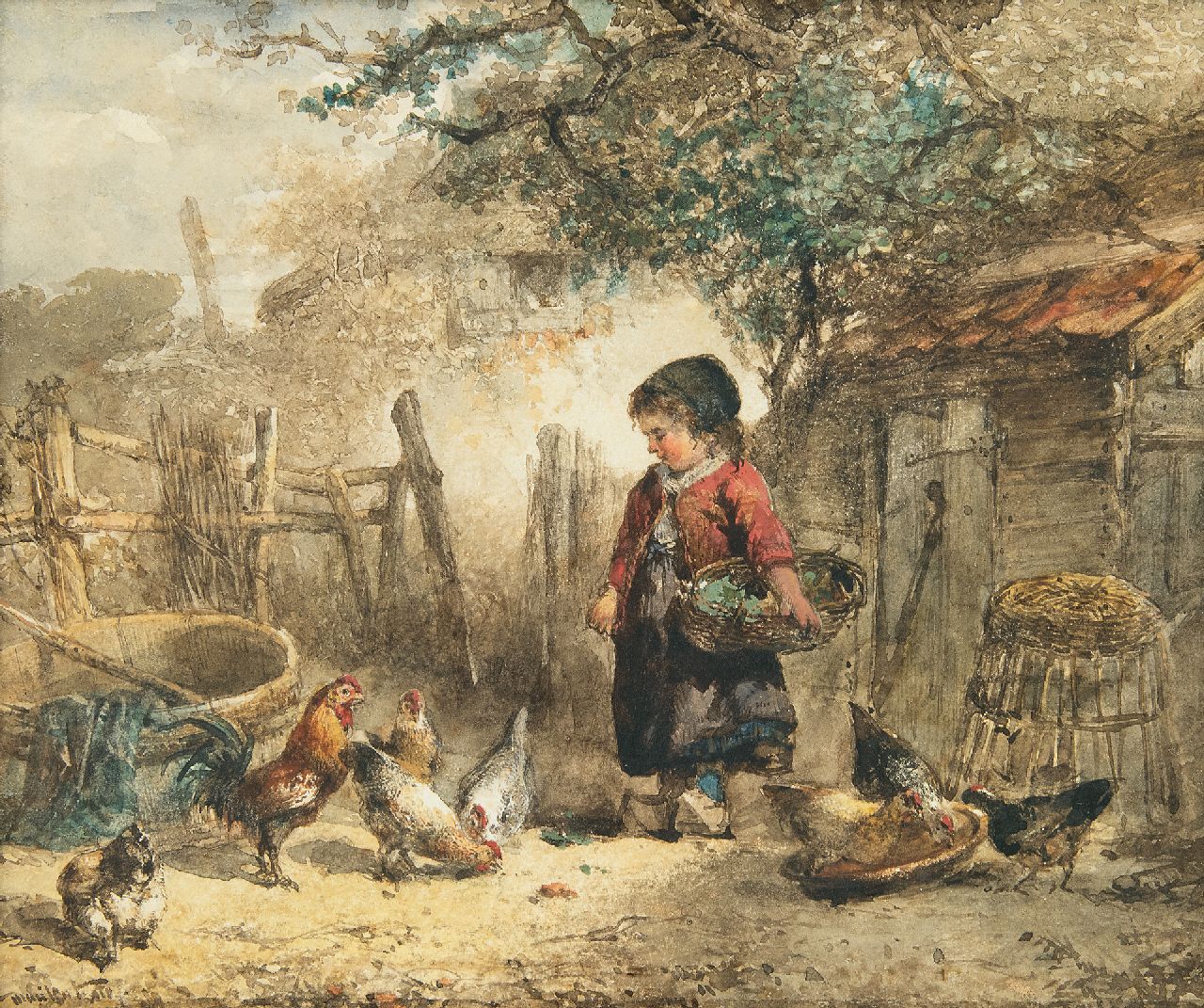 Kate J.M.H. ten | Johan 'Mari' Henri ten Kate | Watercolours and drawings offered for sale | Feeding the chickens, watercolour on paper 21.1 x 25.4 cm, signed l.l.