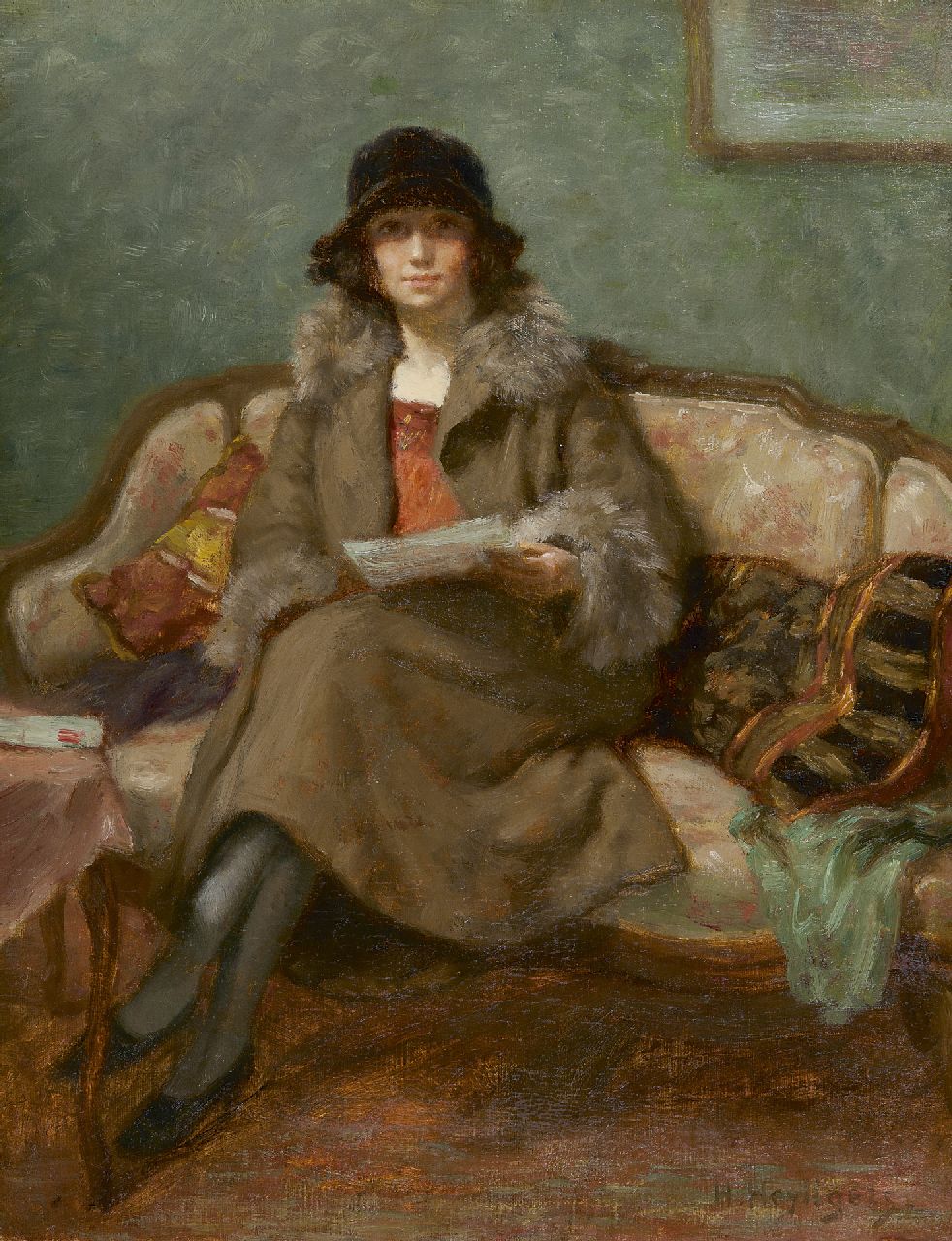 Heijligers H.  | Hendrik 'Henri' Heijligers, A lady reading on a sofa, oil on canvas 45.1 x 35.5 cm, signed l.r.