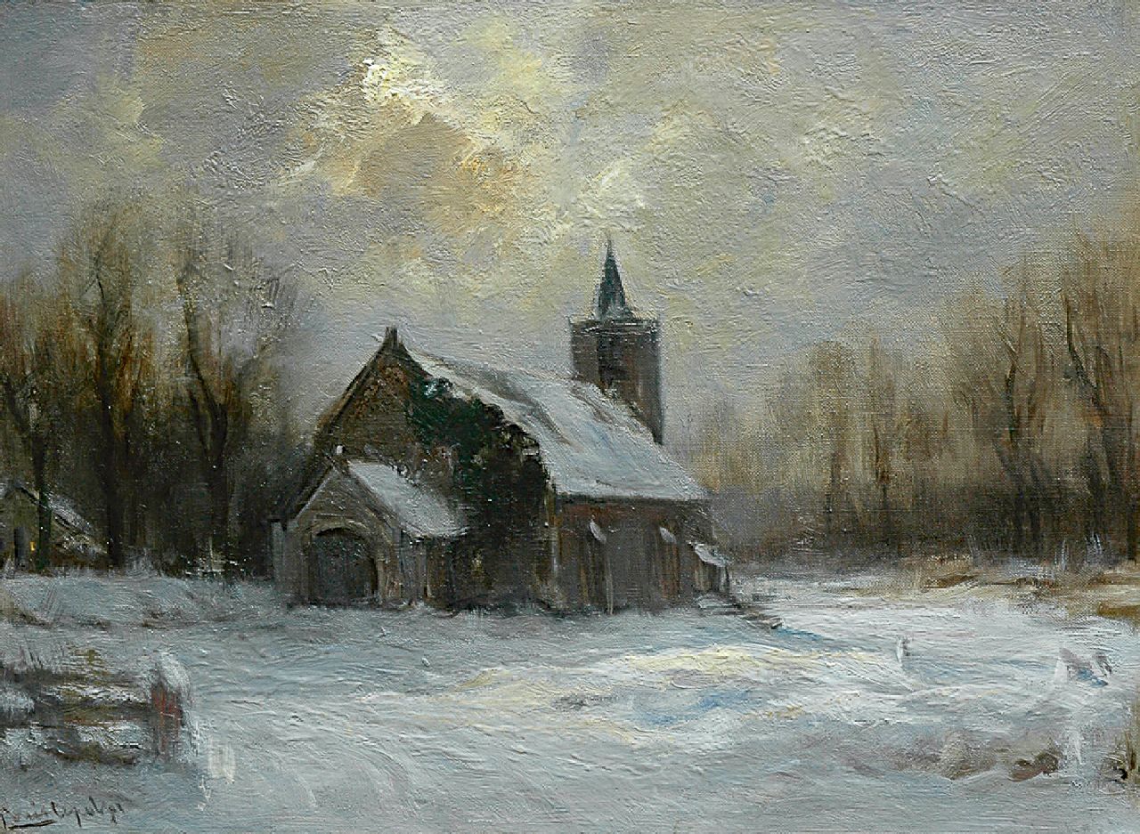 Apol L.F.H.  | Lodewijk Franciscus Hendrik 'Louis' Apol, A snow-covered church, oil on canvas 30.2 x 40.8 cm, signed l.l.