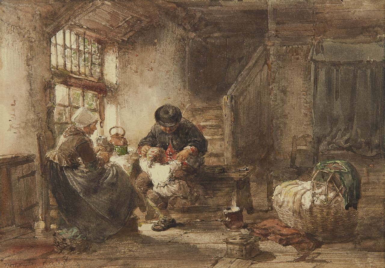 Kate H.F.C. ten | 'Herman' Frederik Carel ten Kate, The happy family at Marken, watercolour on paper 20.2 x 28.9 cm, signed l.l.