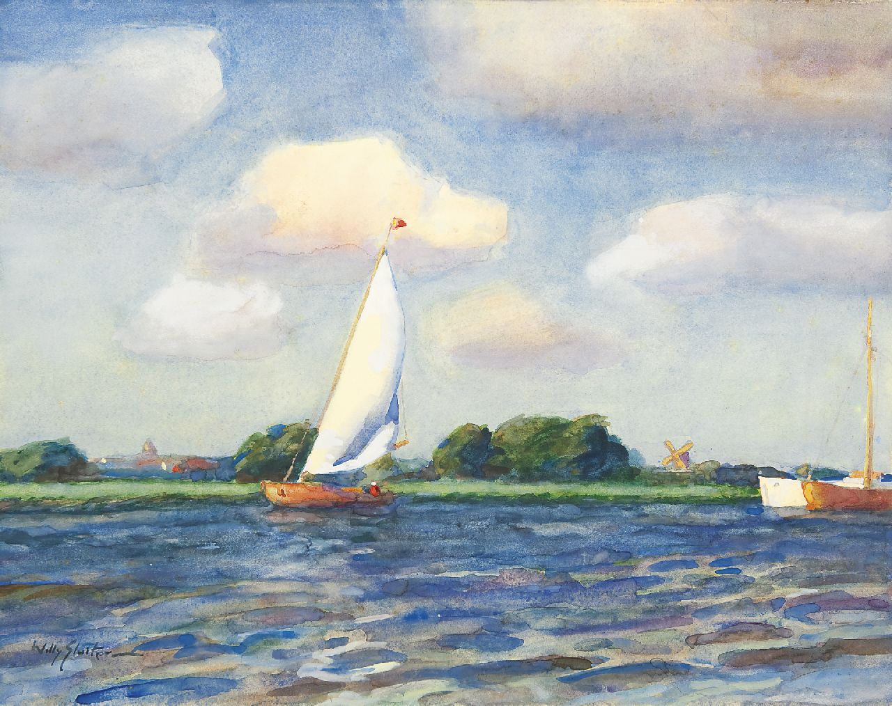 Sluiter J.W.  | Jan Willem 'Willy' Sluiter, Sailing boat on a lake, Olympic Games 1928, watercolour on paper laid down on board 50.8 x 65.6 cm, signed l.l.