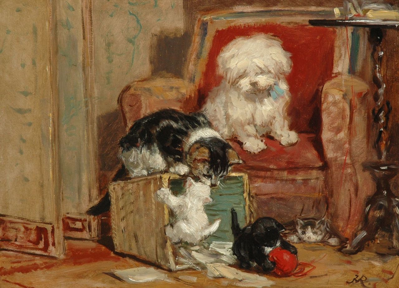 Ronner-Knip H.  | Henriette Ronner-Knip, Kittens at play, oil on panel 27.2 x 36.7 cm, signed l.r. with monogram