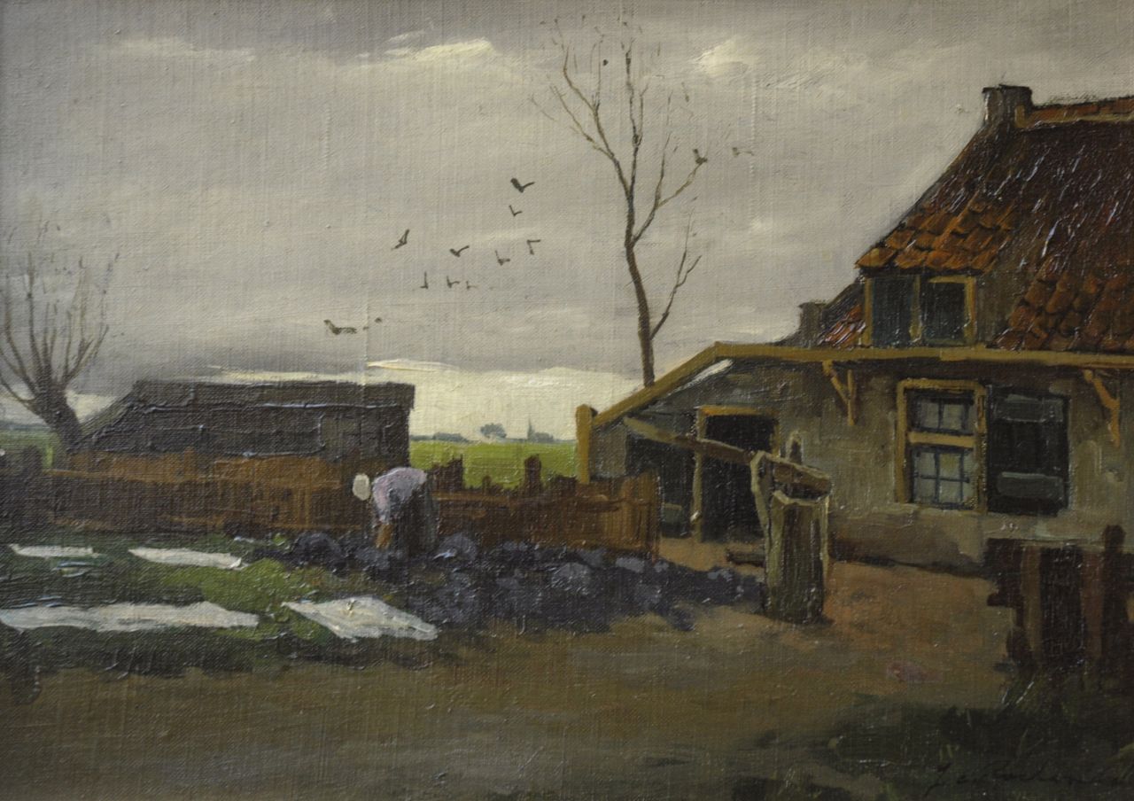 Roelandse J.C.  | Johannes Cornelis Roelandse, Bleaching the laundry by a farm, oil on canvas laid down on board 26.7 x 37.1 cm, signed l.r.