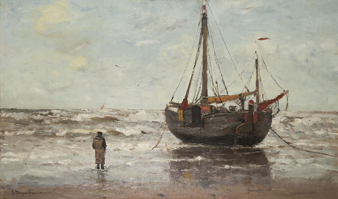 Munthe G.A.L.  | Gerhard Arij Ludwig 'Morgenstjerne' Munthe, Fishing barge at anchor in the surf, oil on canvas 64.9 x 108.4 cm, signed l.l.