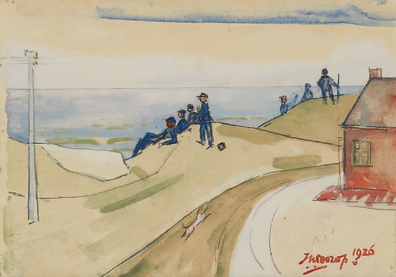 Toorop J.Th.  | Johannes Theodorus 'Jan' Toorop, Figures in the dunes, pencil, chalk and watercolour on paper 11.0 x 15.5 cm, signed l.r. and dated 1926