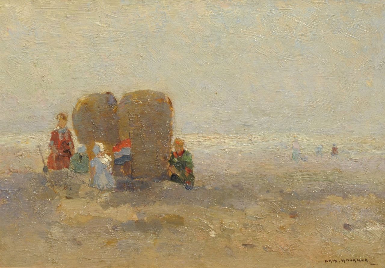 Knikker A.  | Aris Knikker, On the beach, oil on panel 19.6 x 28.1 cm, signed l.r.