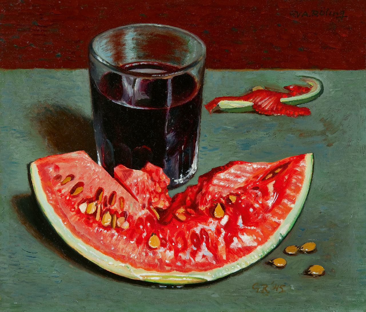 Röling G.V.A.  | Gerard Victor Alphons Röling | Paintings offered for sale | A still life with watermelon, oil on board 22.7 x 26.4 cm, signed l.r. with initials and dated '45