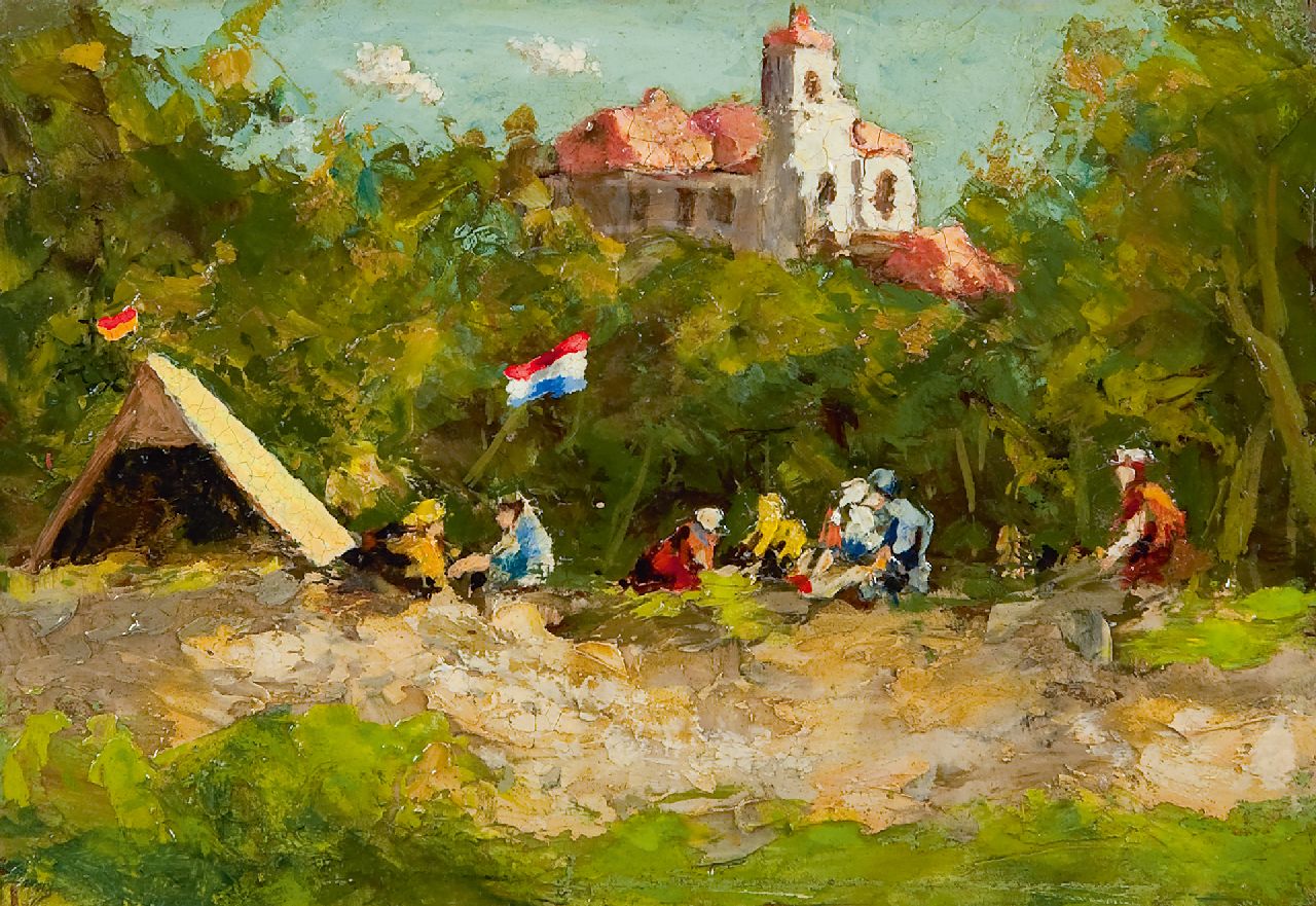 Zwiers P.R.  | Pieter Roelof 'Piet' Zwiers | Paintings offered for sale | Camping, oil on board 12.0 x 17.5 cm