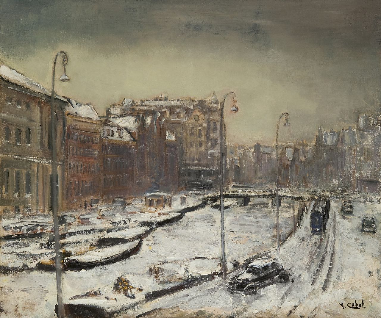 Colnot A.J.G.  | 'Arnout' Jacobus Gustaaf Colnot, The Rokin, Amsterdam, in winter, oil on canvas 55.1 x 65.0 cm, signed l.r.