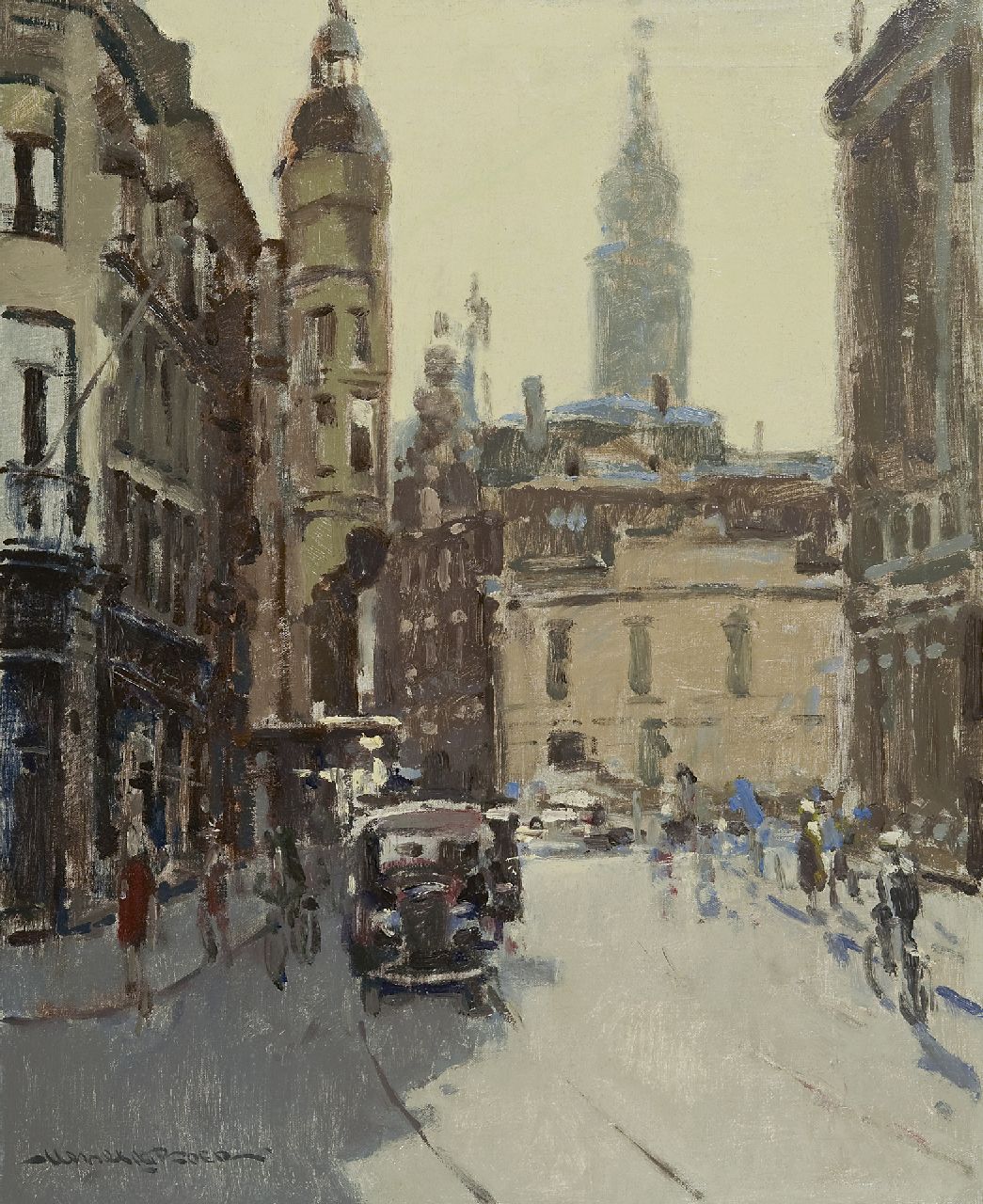 Boer H. de | Hessel de Boer, The Gravenstraat, The Hague, with the tower of the old city house, oil on canvas 60.0 x 50.0 cm, signed l.l.