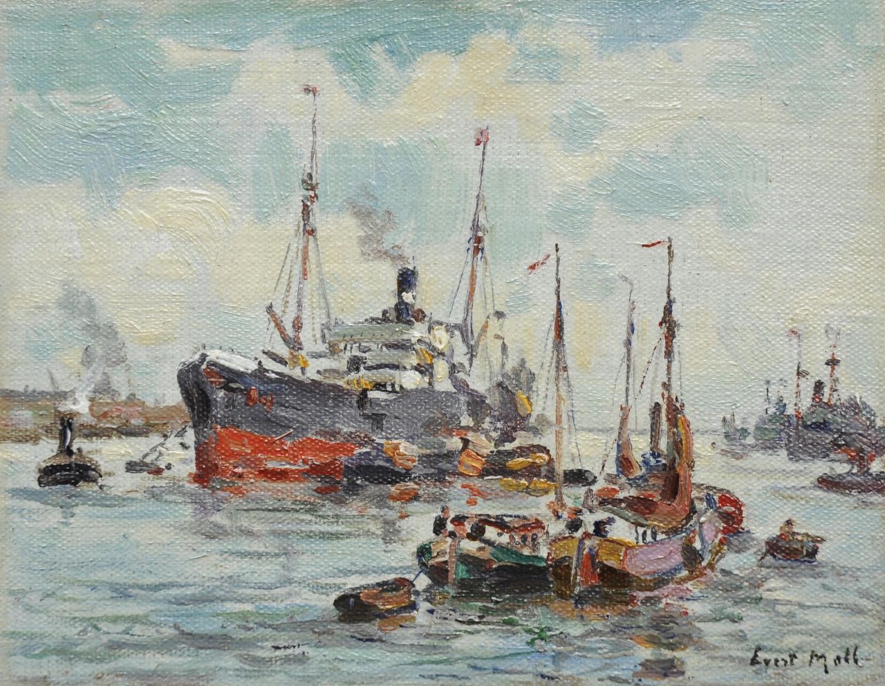 Moll E.  | Evert Moll, Rotterdam harbour, oil on canvas laid down on panel 11.2 x 14.3 cm, signed l.r.