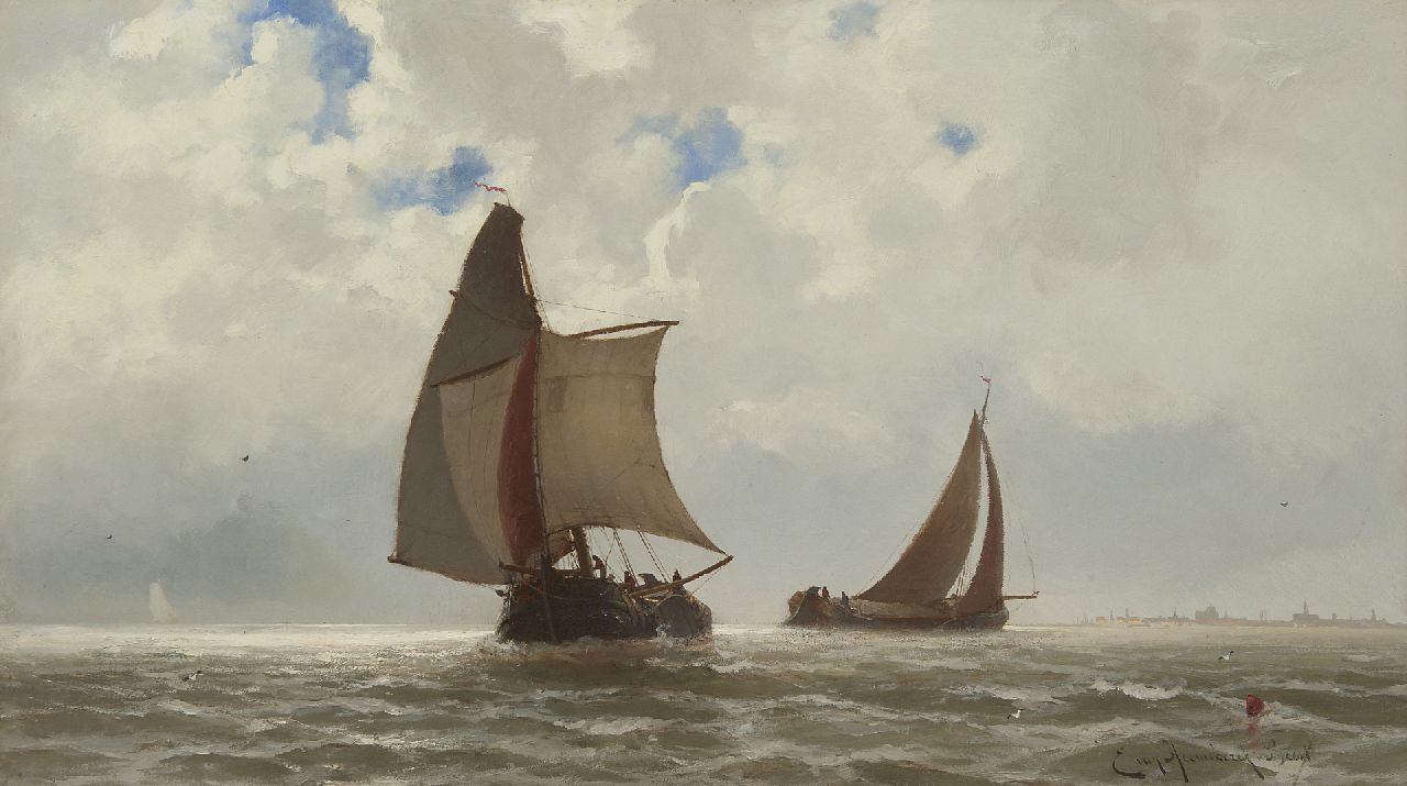Heemskerck van Beest J.E. van | Jacob Eduard van Heemskerck van Beest, Ships sailing on the Zuiderzee, oil on panel 42.0 x 74.9 cm, signed l.r.