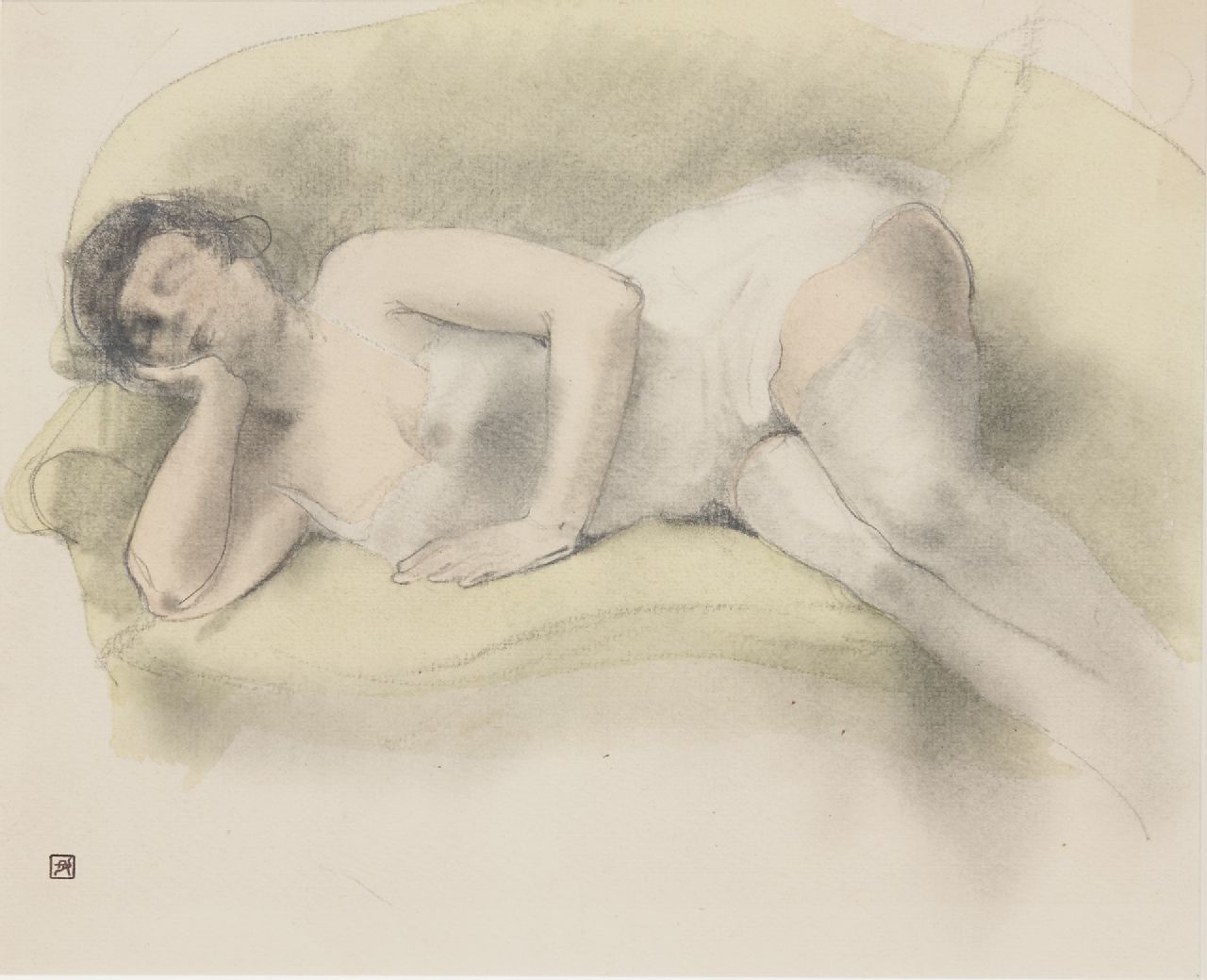 Rassenfosse A.L.  | André Louis 'Armand' Rassenfosse | Watercolours and drawings offered for sale | Nude on a sofa, chalk and watercolour on paper 19.0 x 24.0 cm, signed l.l. with artist's stamp
